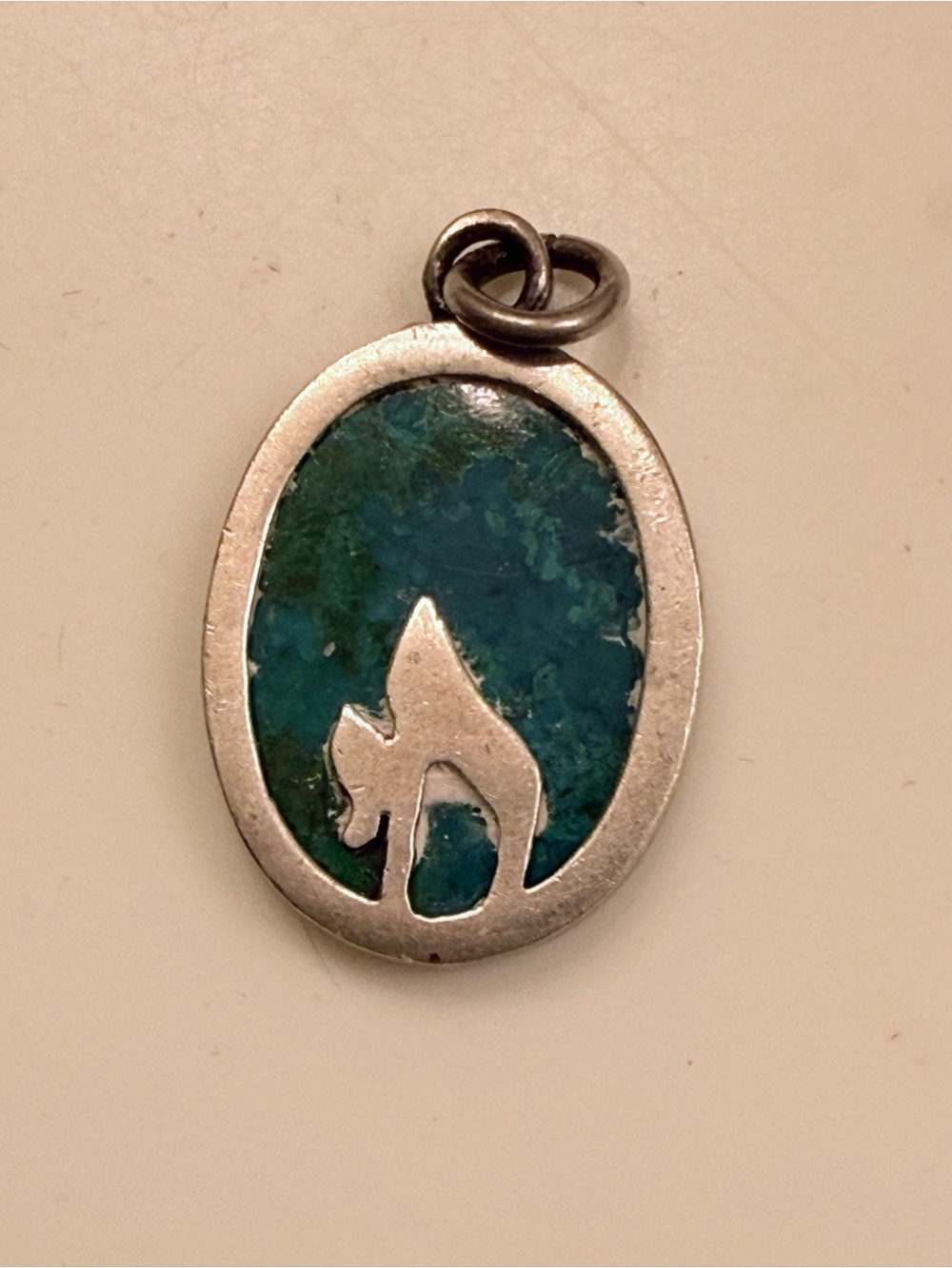 Sterling silver Eilat stone small charm pendant flame? coyote howling AS IS